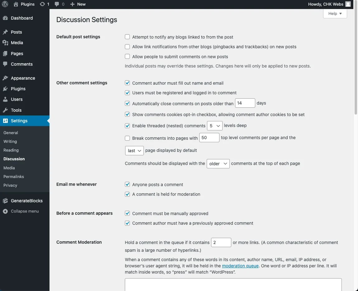 WordPress หน้า Discussion