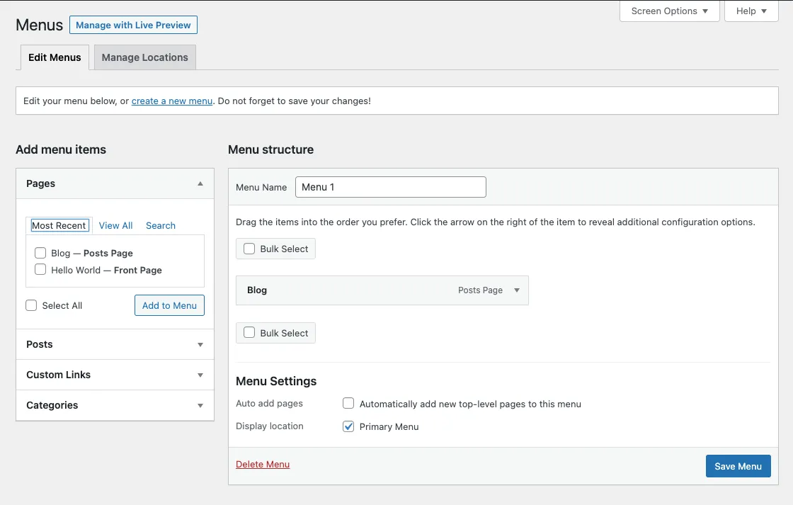 wordpress-menus WordPress หน้า Menus